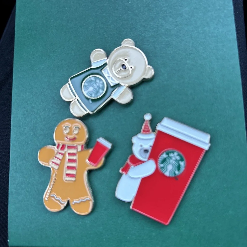 Starbucks Enamel Pin Set Christmas Barista Bear  Gingerbread Man Starbucks 3 Pcs